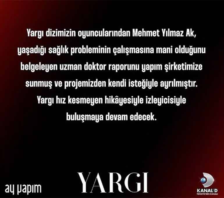 ay yapim dan mehmet yilmaz ak in yargi dizisine vedasi ile ilgili aciklama